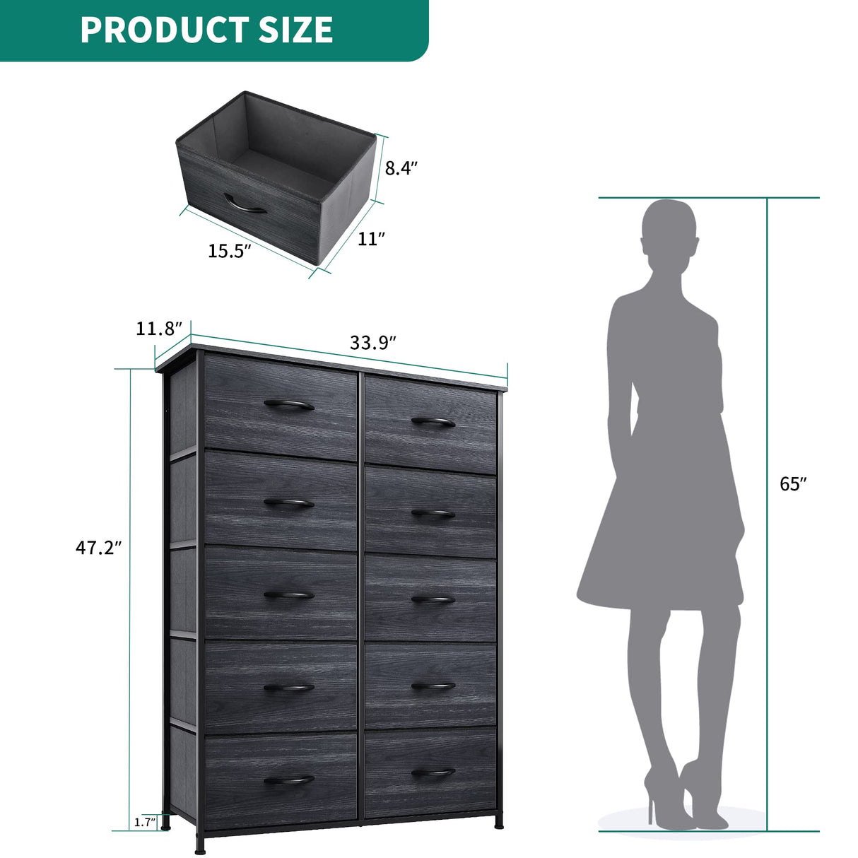 YITAHOME 10 Drawer Dresser - Fabric Storage Tower, Organizer Unit for Living Room, Hallway, Closets - Sturdy Steel Frame, Wooden Top & Easy Pull Fabric Bins YITAHOME