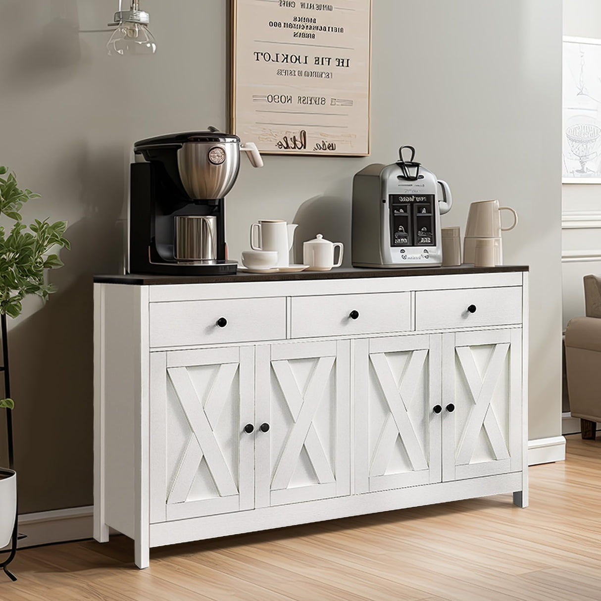 Redlife Farmhouse Sideboard Buffet Cabinet with Storage, Wood Coffee Bar Cabinet, 55" Sideboard with 3 Drawers, Farmhouse Buffet Cabinet for Dinning Room, Kitchen, Living Room, White Redlifeᅟᅠ