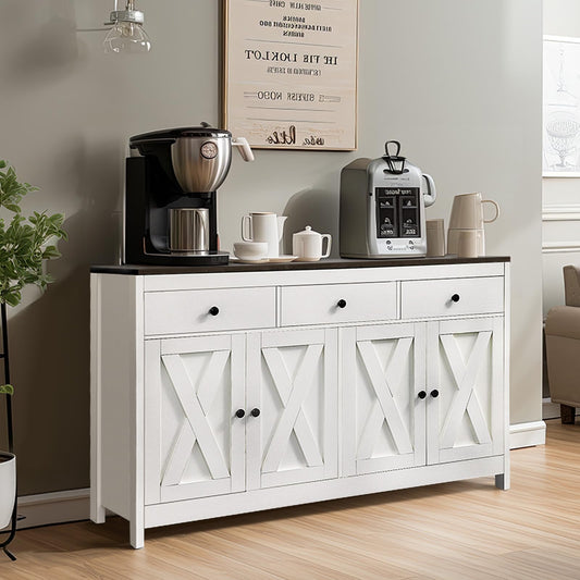 Redlife Farmhouse Sideboard Buffet Cabinet with Storage, Wood Coffee Bar Cabinet, 55" Sideboard with 3 Drawers, Farmhouse Buffet Cabinet for Dinning Room, Kitchen, Living Room, White - WoodArtSupply