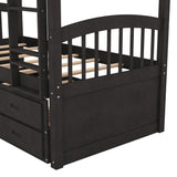Ball & Cast Twin Over Twin Bunk Bed with Trundle & 3 Drawers, Convertible Solid Wood Bed Frame with Ladder & Full Length Guardrails, Detachable Bunk Beds for Kids,Teens,Space Saving, Espresso Ball & Cast