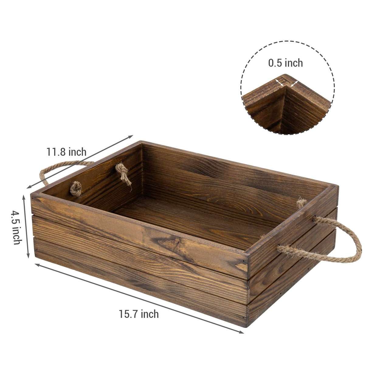 MyGift 15 Inch Large Rustic Brown Solid Wood Decorative Storage Box with Rope Carrying Handles, Country Style Wooden Crate, Farmhouse Pallet Design Open Top Bin MyGift