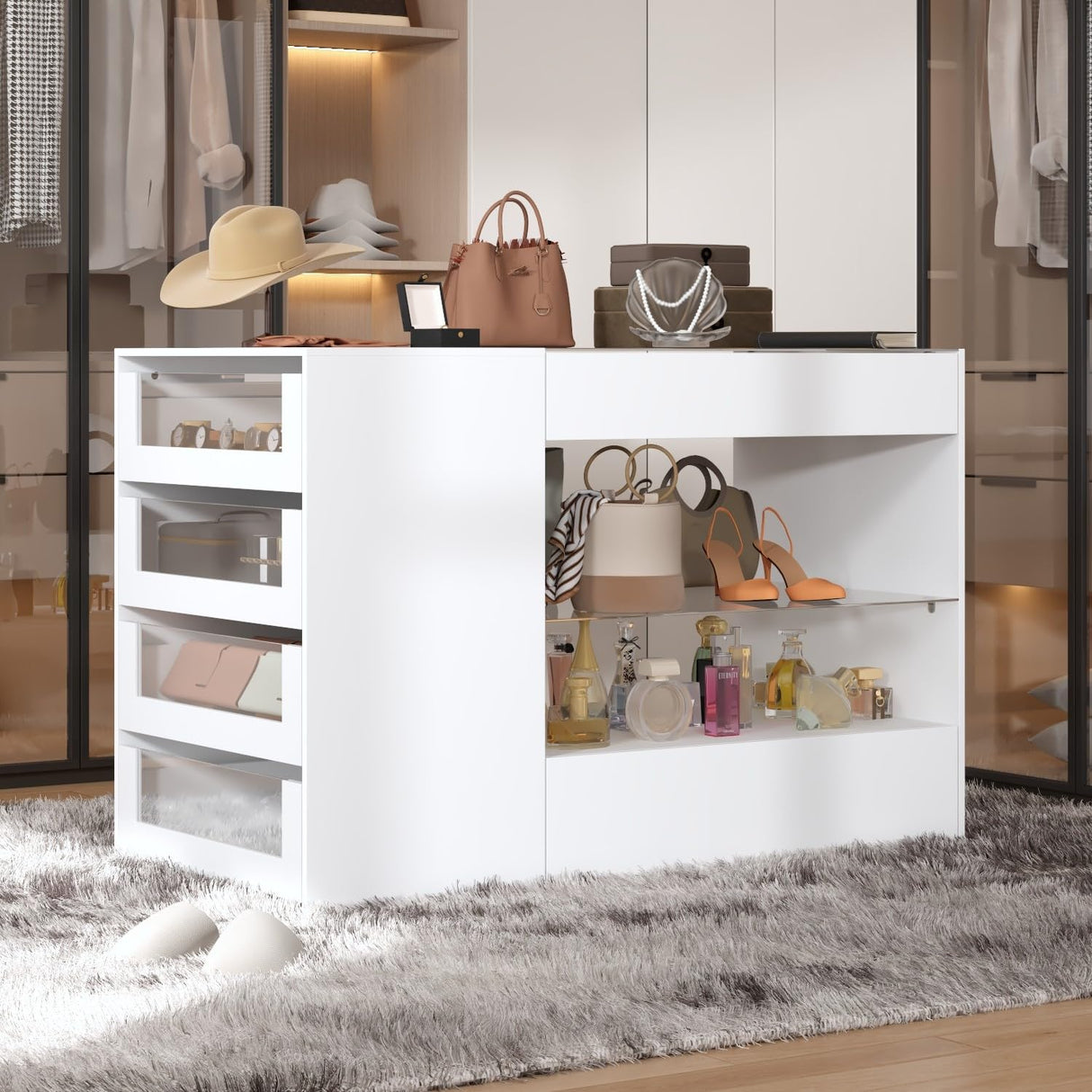 TAMUNE Armoire Bedroom Island Wardrobe Closet Island with 8 Drawers & Glass Tabletop, Walk in Closet Island with Drawers, Island Dresser with Display Shelf, for Bedroom White 47.2”W x 23.6”W x 31.5”H TAMUNE