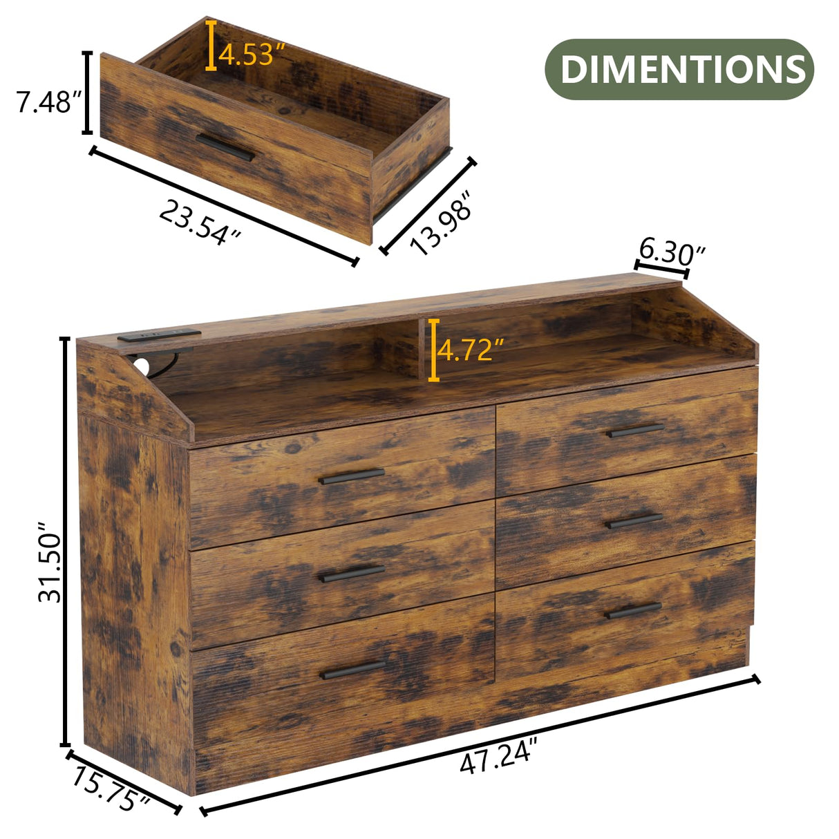 Gyfimoie 6 Drawer Dresser with Power Outlet, Chest of Drawers with LED Light, Modern Dresser with Open Storage Cubby, Double Wide Dresser Organizer for Bedroom, Living Room, Entryway, Hallway Gyfimoie