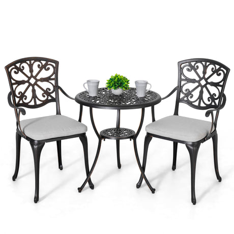 NUU GARDEN Bistro Set 3 Piece Outdoor All Weather Cast Aluminum Patio Bistro Set Patio Table and Chairs Set of 2 with Umbrella Hole and Grey Cushions for Backyard, Balcony, Lawn, Black NUU GARDEN