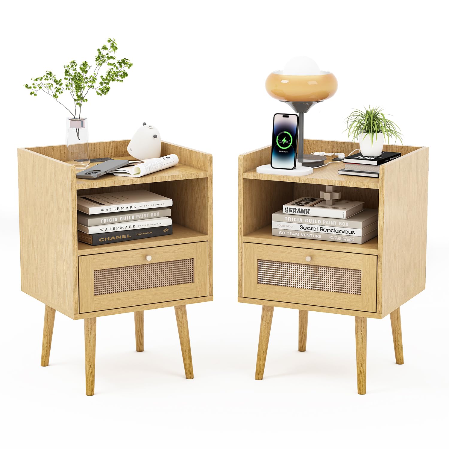 MECHYIN Rattan Nightstands Set of 2 with Charging Station, Bedside Tables Rattan Drawers Nightstands, Rattan End Table with Solid Wood Feet, Side Table Nightstands sets for Bedroom - WoodArtSupply