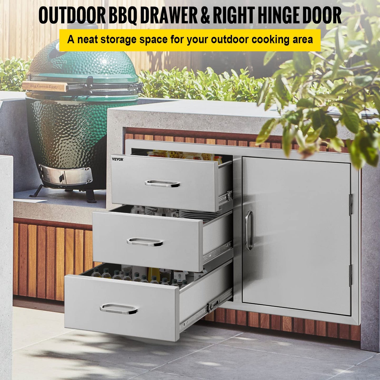 VEVOR 18x23 Inch Outdoor Kitchen Stainless Steel Triple Access BBQ Drawers with Chrome Handle, 18"W x 20.5"H x 23"D