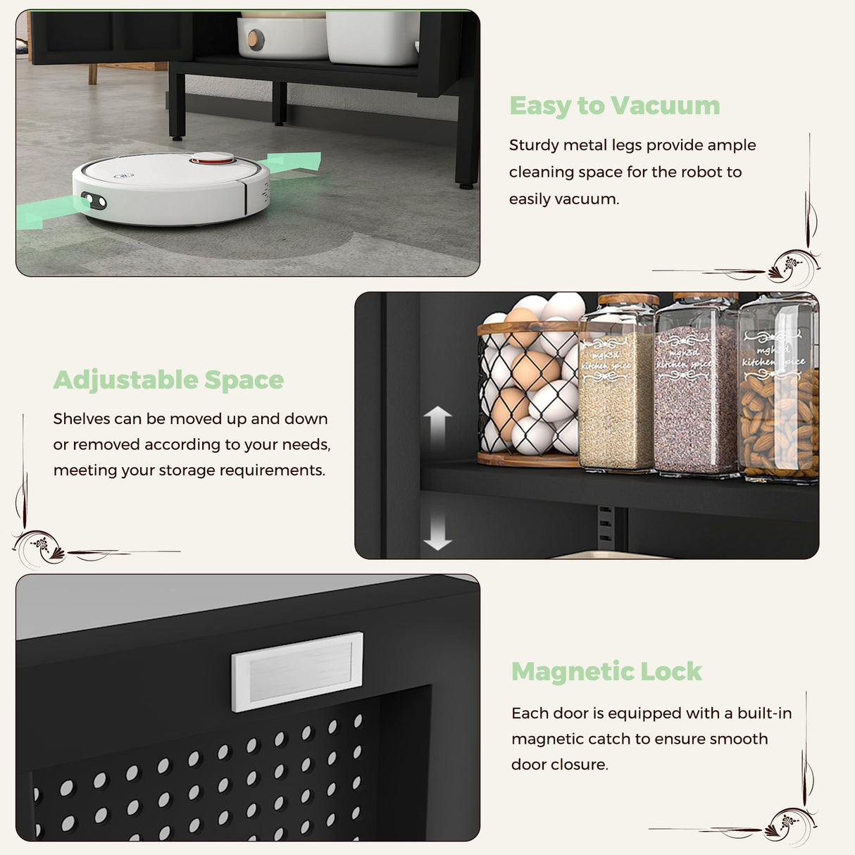 COFaR 5 Tier Black Metal Storage Cabinet, Free Standing with 2 Doors, 4 Adjustable Shelves and Legs, Cupboard Metal Cabinet for Living Room, Kitchen, Dining Room, Office COFaR