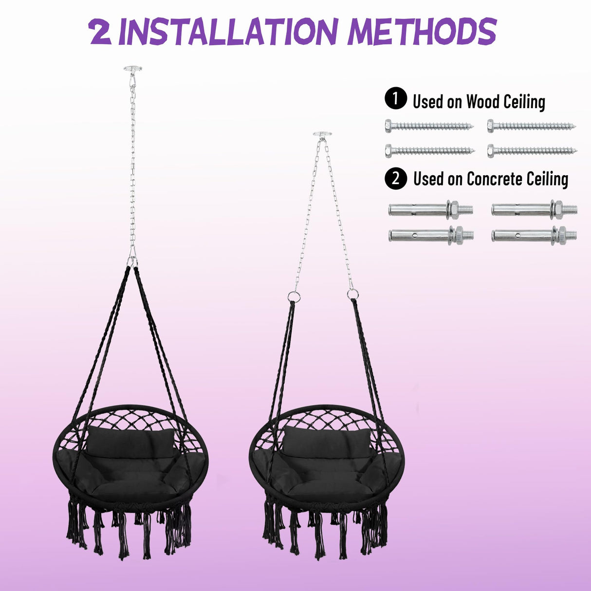 KROFEM Macrame Hammock Hanging Swinging Chair with Medium Cushion, Perfect for Bedroom, Porch, Adults, Balcony, Black KROFEM