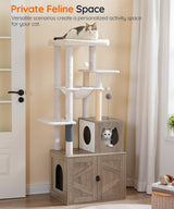 HOOBRO Cat Tree with Litter Box Enclosure, Tall Cat Tower for Indoor Cats, All-in-One Modern Cat Condo, Hidden Litter Box Enclosure Furniture, with Cat House, Sisal Posts, Greige and White BG51MZ03 HOOBRO