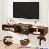 IBUYKE Floating TV Stand Wall Mounted with Power Outlet,Wood Wall Mounted Media Console Shelf,Floating Entertainment Center for Under TV Storage for Living Room Bedroom Office,Rustic Brown WST001H IBUYKE