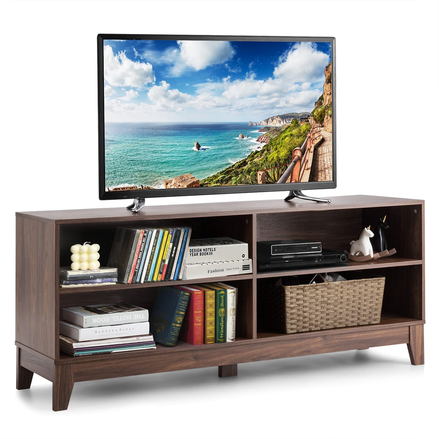 Tangkula Wood TV Stand for TVs to 55, 65 Inch Flat Screen, Home Living Room Storage Console, Entertainment Center with 4 Open Storage Shelves, TV Console Table (Walnut) - WoodArtSupply