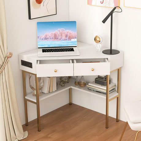 IFANNY Corner Desk with Power Outlet, 90 Degrees Triangle Desk w/Storage Shelves and Drawers, Corner Makeup Vanity Table, Corner Desks for Small Spaces, Small Corner Desk for Bedroom, Study (White) IFANNY