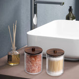 Tbestmax Qtips Holder Bathroom Container, 10/7 OZ Cotton Ball/Swabs Dispenser, Apothecary Jar Organizer for Storage Brown Wood Lids Tbestmax