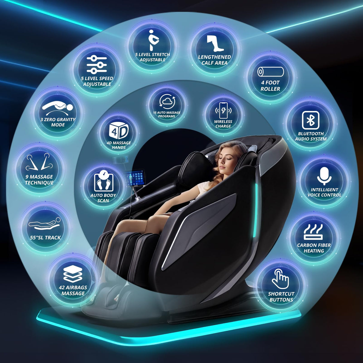 HealthRelife 4D Massage Chair Full Body Zero Gravity Recliner - 55“ SL-Track,15 Auto Modes,11 Massage Technique,40 Airbags Massage,with Yoga Stretch,APP Control,Shiatsu Foot Massage(Black) HealthRelife