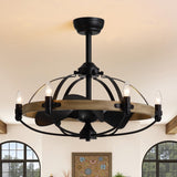 Industrial Caged Ceiling Fan with Lights, 27" Farmhouse Fandelier with Remote Control, 6-Speed Quiet Reversible Motor, E12 Base, Rustic Black and Wood Finish, No Bulbs Included Fansconce