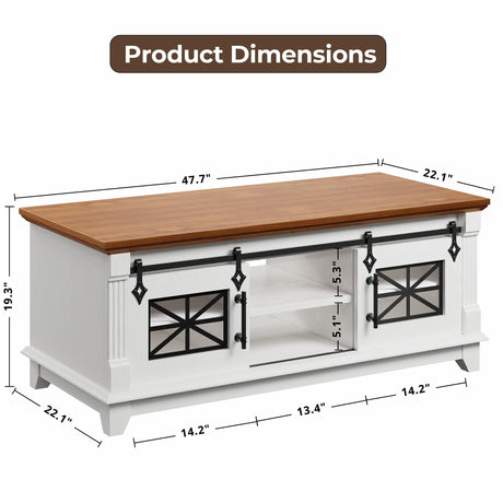 IRONCK 48'' Coffee Table with Sliding Barn Doors, Rustic Center Table with 6 Large Storage Space, Glass Doors and Adjustable Middle Shelf, Farmhouse Coffee Tables for Living Room, White IRONCK