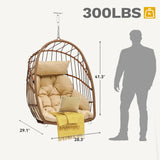 DWVO Egg Chair Without Stand, Basket Chair Hanging Outdoor Rattan Wicker Patio Hammock Indoor Egg Chair with Cushion, Hanging Swing Chair 350lbs for Porch, Garden, Bedroom, Balcony, Beige DWVO