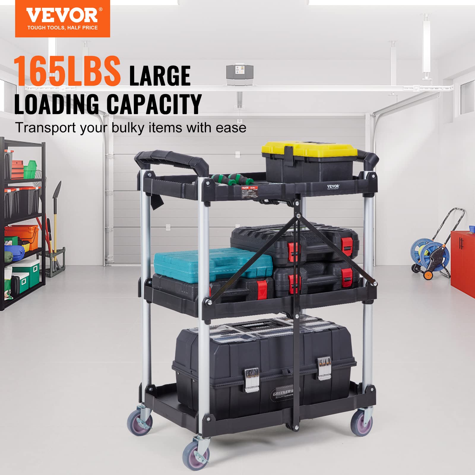 VEVOR Foldable Utility Service Cart, 3 Shelf 165LBS Heavy Duty Plastic Rolling Cart with 360° Swivel Wheels (2 with Brakes), Ergonomic Handle, - WoodArtSupply