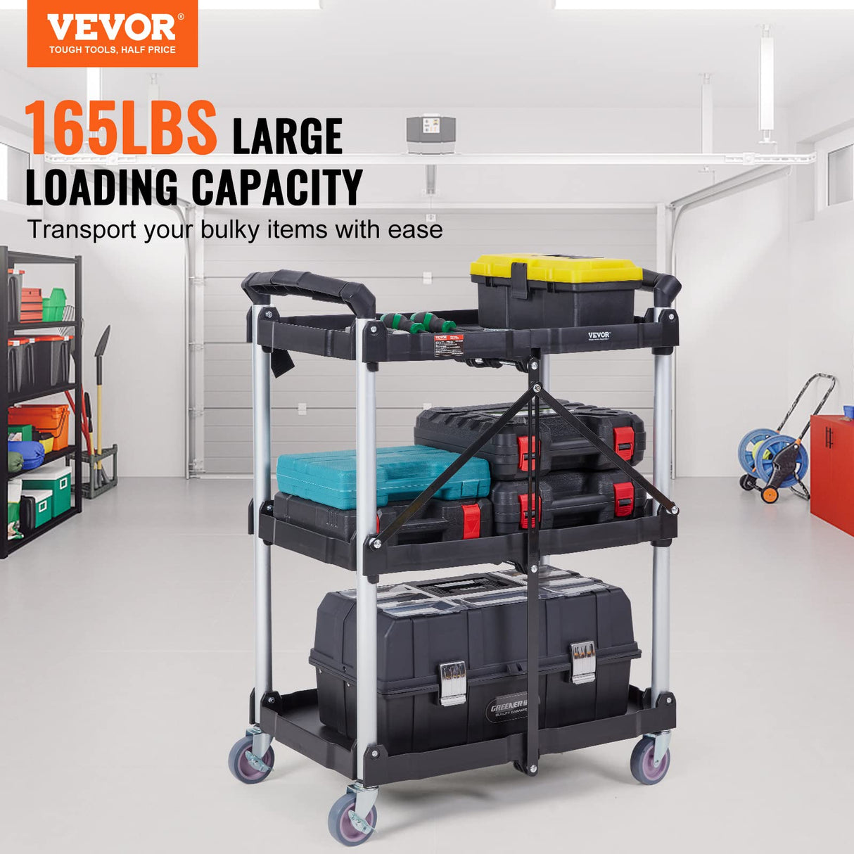 VEVOR Foldable Utility Service Cart, 165LBS 3 Shelf Heavy Duty Plastic Rolling Cart with 360° Swivel Wheels (2 with Brakes), Ergonomic Handle, Portable Garage Tool Cart for Warehouse Office Home VEVOR