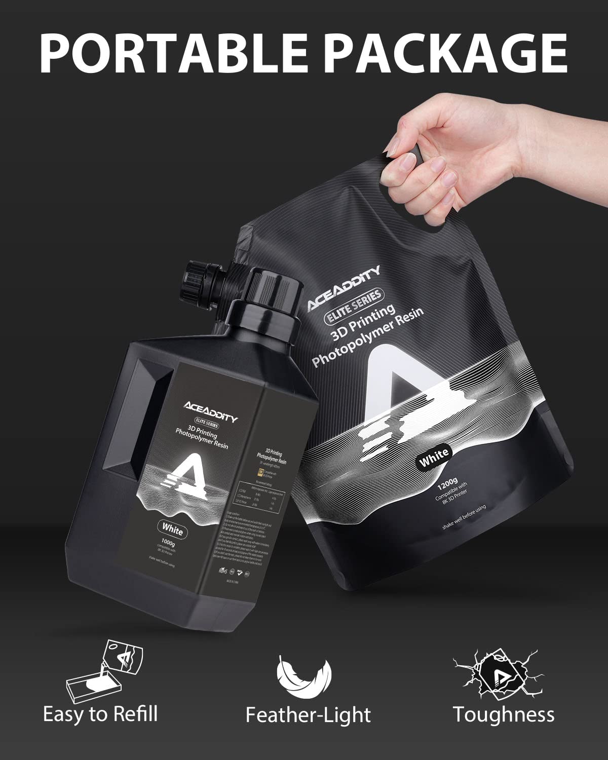 Aceaddity Elite Series 3D Printer Resin 405nm Photopolymer Resin LCD/DLP UV-Curing High Precision 3D Printing Liquid Compatible with 8k 3D Printer (White, 1000g+1200g) Aceaddity