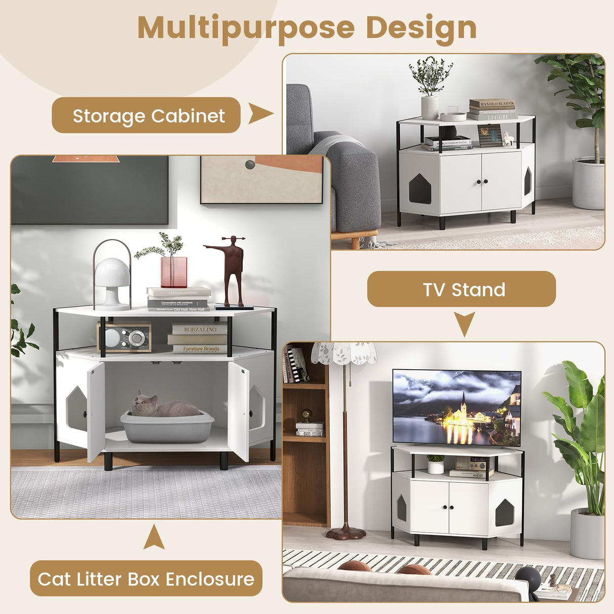 PETSITE Corner Cat Litter Box Enclosure, Litter Box Corner Cabinet with 2 Entrances, Open Shelf, and Double Doors, Industrial/Modern Style Hidden Litter Box Furniture for Cat Kitty (White) PETSITE