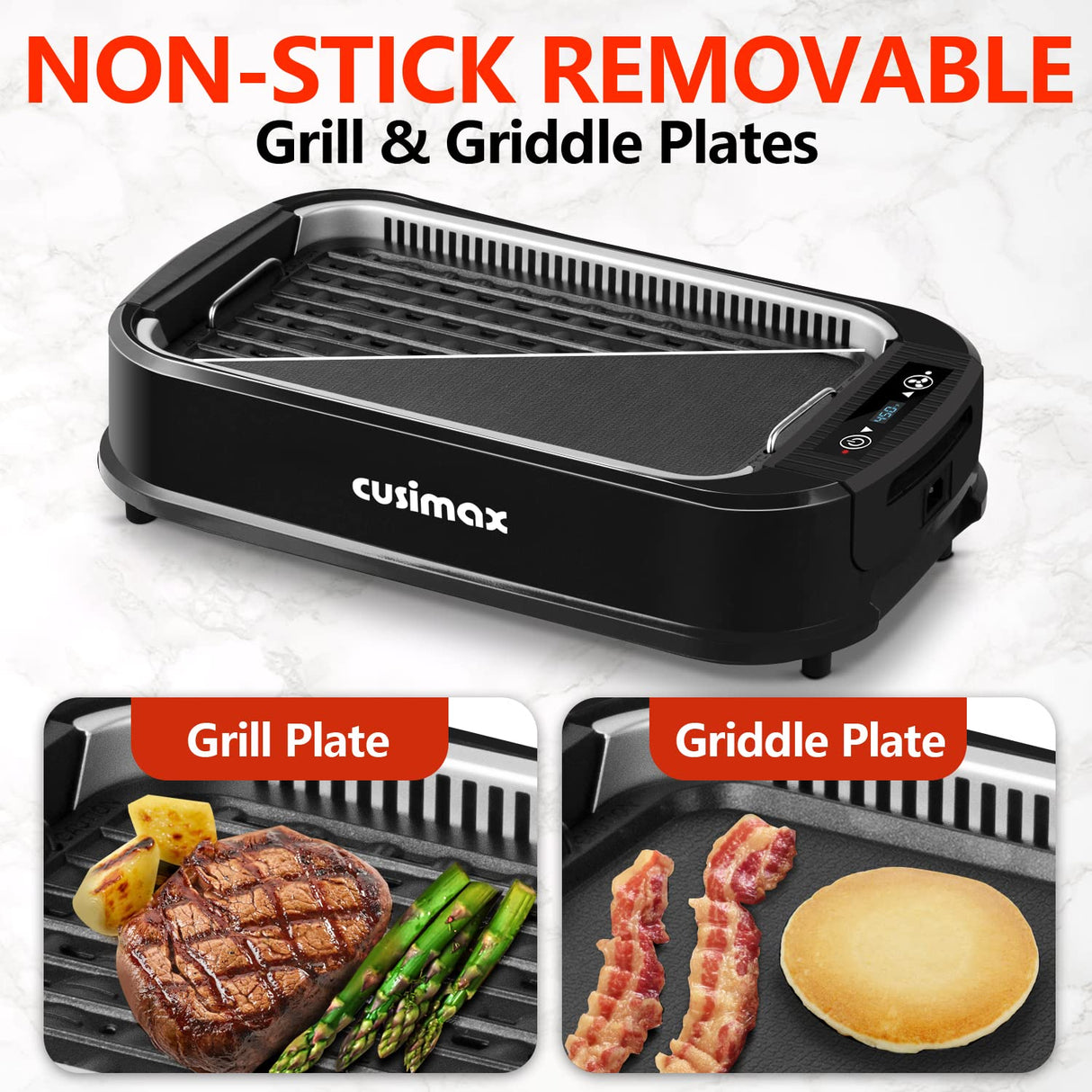 Indoor Grill, CUSIMAX Smokeless Grill Indoor, 1500W Electric Grill Griddle Korean BBQ Grill with LED Smart Display & Tempered Glass Lid, Non-stick Removable Grill Plate & Griddle Plate, Black CUSIMAX