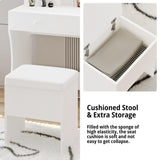 LIKIMIO Vanity Desk with LED Lighted Mirror & Power Outlet & 4 Drawers, Makeup Table Set with Storage Stool and Hair Dryer Stand, White LIKIMIO