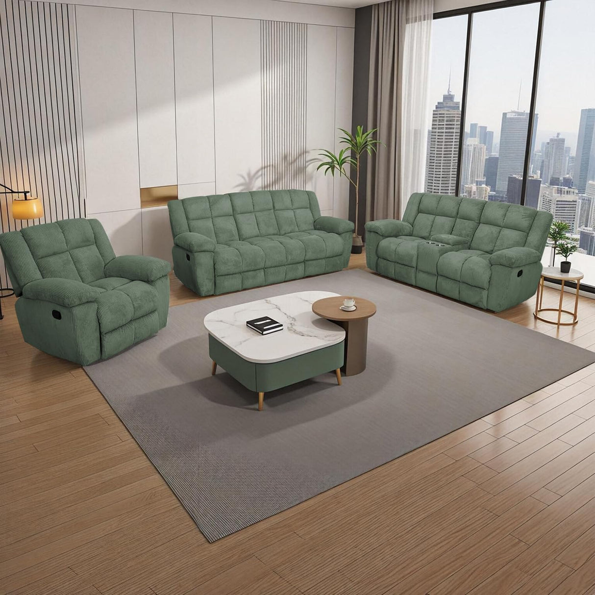 Manual Recliner Sofa Set,Corduroy Reclining Couch Set,Modern Living Room Furniture Set,Reclining Sofa Couch Chair for Living Room Home Office(Green,3 Pieces Set) Pon Living Furniture Inc