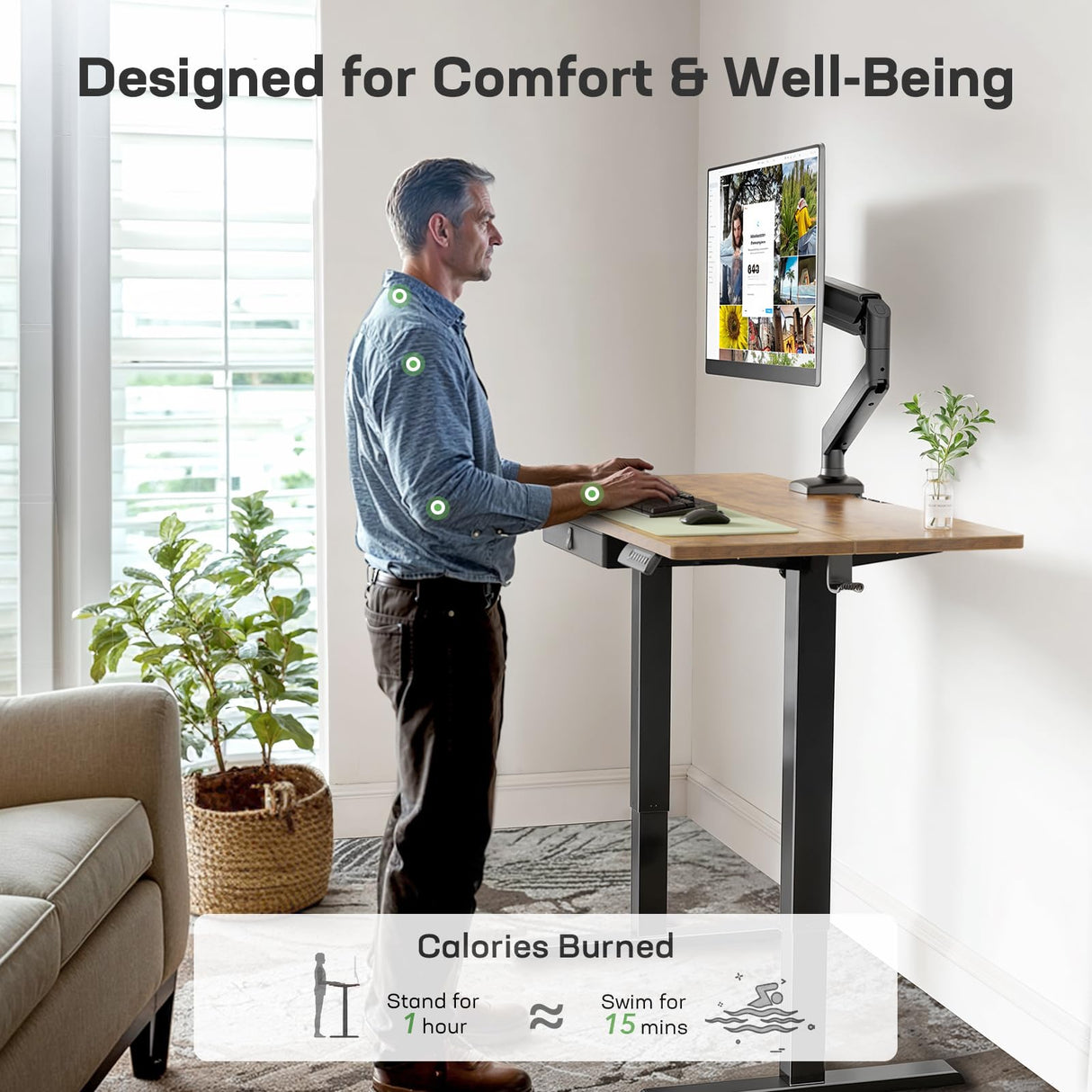 Marsail Electric Standing Desk with Drawer, 48 x 24 Electric Stand Up Desk, Ergonomic Adjustable Desk with Storage, Headphone/Bag Hooks, Computer Desk for Home & Office with Cable Management,Brown Marsail