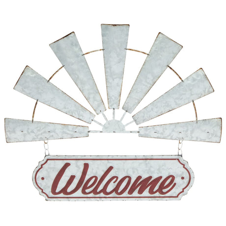 Farmlyn Creek Windmill Welcome Sign - 17 x 15 in White Galvanized Finish - Rustic Farmhouse Wall Decor - Outdoor Metal Windmill Decor - Front Door Welcome Sign Hanging Farmlyn Creek