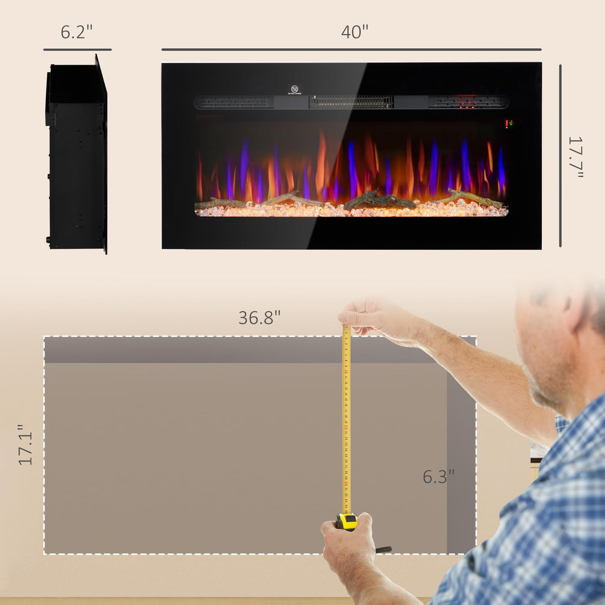 HOMCOM 40" Electric Fireplace Recessed and Wall Mounted with Remote Control, 1500W Fireplace Heater with 8H Timer, Adjustable Flame Color and Brightness, Log and Crystal HOMCOM