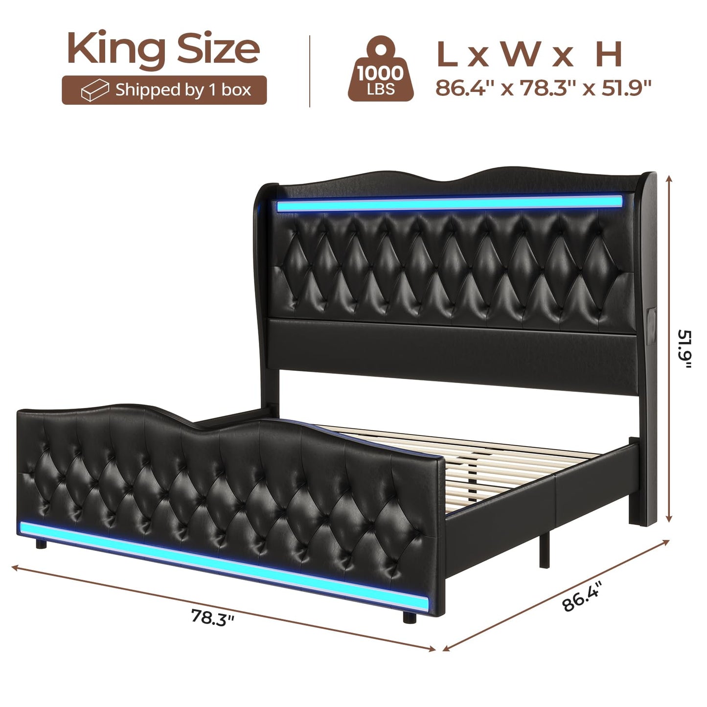 BTHFST King Size Bed Frame with Tall LED Headboard, Charging Station & Wingback Design in Black - WoodArtSupply