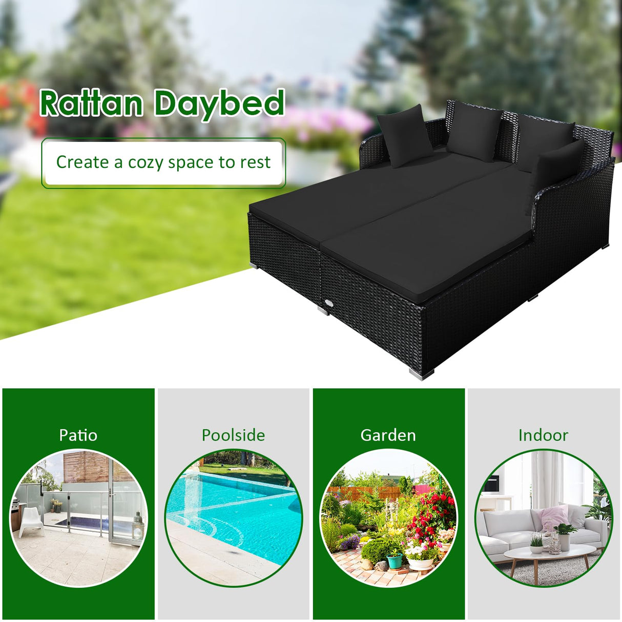 Tangkula Outdoor Rattan Daybed, Wicker Furniture with Spacious Seat, Upholstered Cushion & High-Resilience Sponge, Patio Sofa Set with 4 Pillows, 2-Person Sunbed for Poolside Backyard Garden & Balcony Tangkula