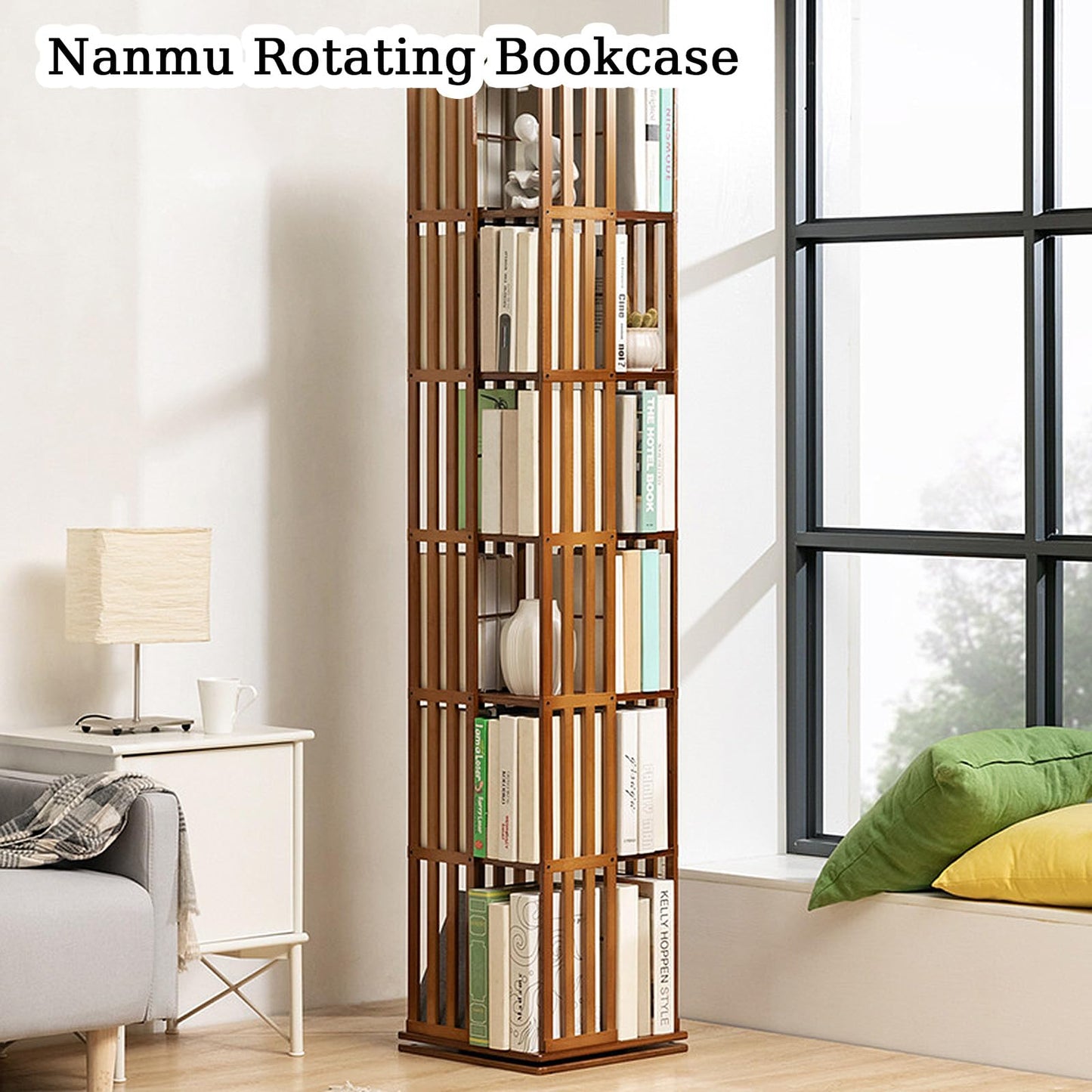 6 Tiers 360° Rotating Bookshelf, Bamboo Rotating Book Shelf, Rotating Bookcase with Storage, Standing Bookshelf with Open Shelving, Book Shelves for Living Room