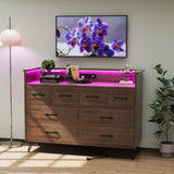 Patikuin Dresser for Bedroom with LED Light & Charging Station, 8 Drawers Wooden Dressers with Open Space, Vintage Chest of Wide Drawers for Living Room, Entryway, Hallway, Dark Brown Patikuin