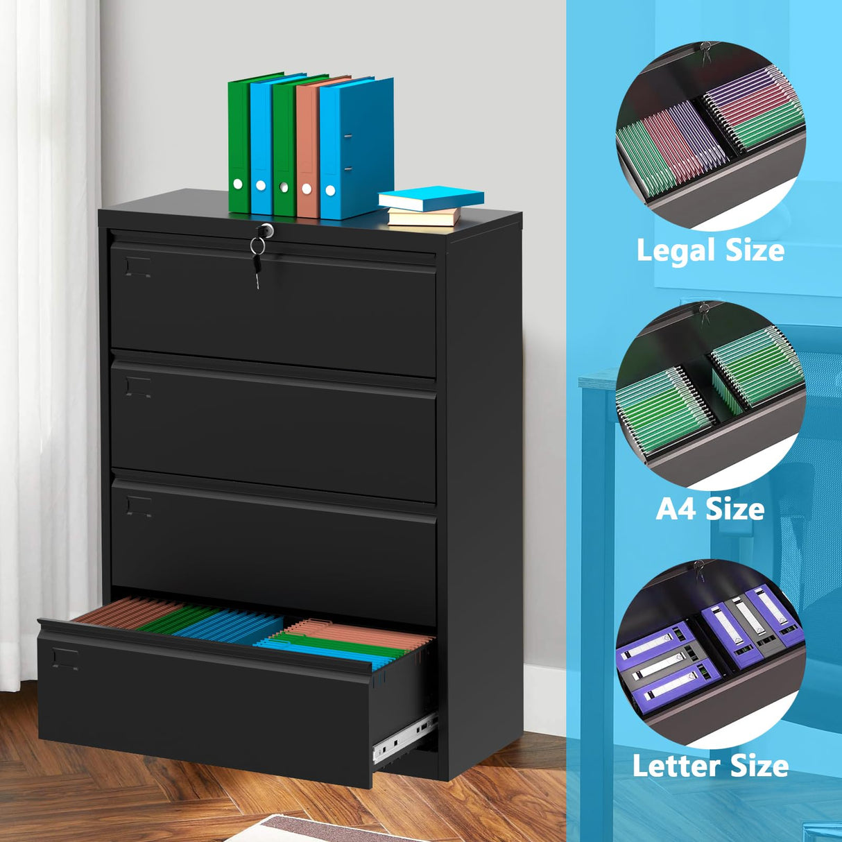 Euker 52inch High 4 Drawer Metal Lateral Filing Cabinet - File Cabinets, Lockable Storage, Organizes Hanging Files (Letter/Legal/F4/A4 Size), Requires Assembly, Visit The Letaya Store Euker