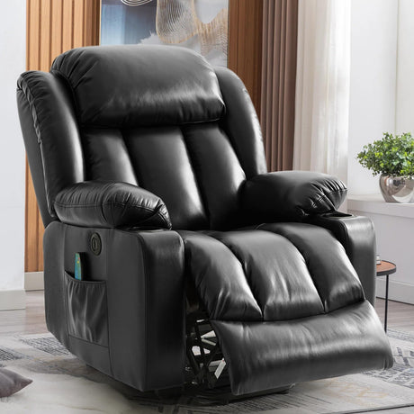 RESTREAL Power Lift Recliner Chair for Elderly, Electric Recliner Chairs for Adults with Massage and Heat, Cup Holders, Remote Control, USB Ports, Side Pockets, Leather (Black) RESTREAL