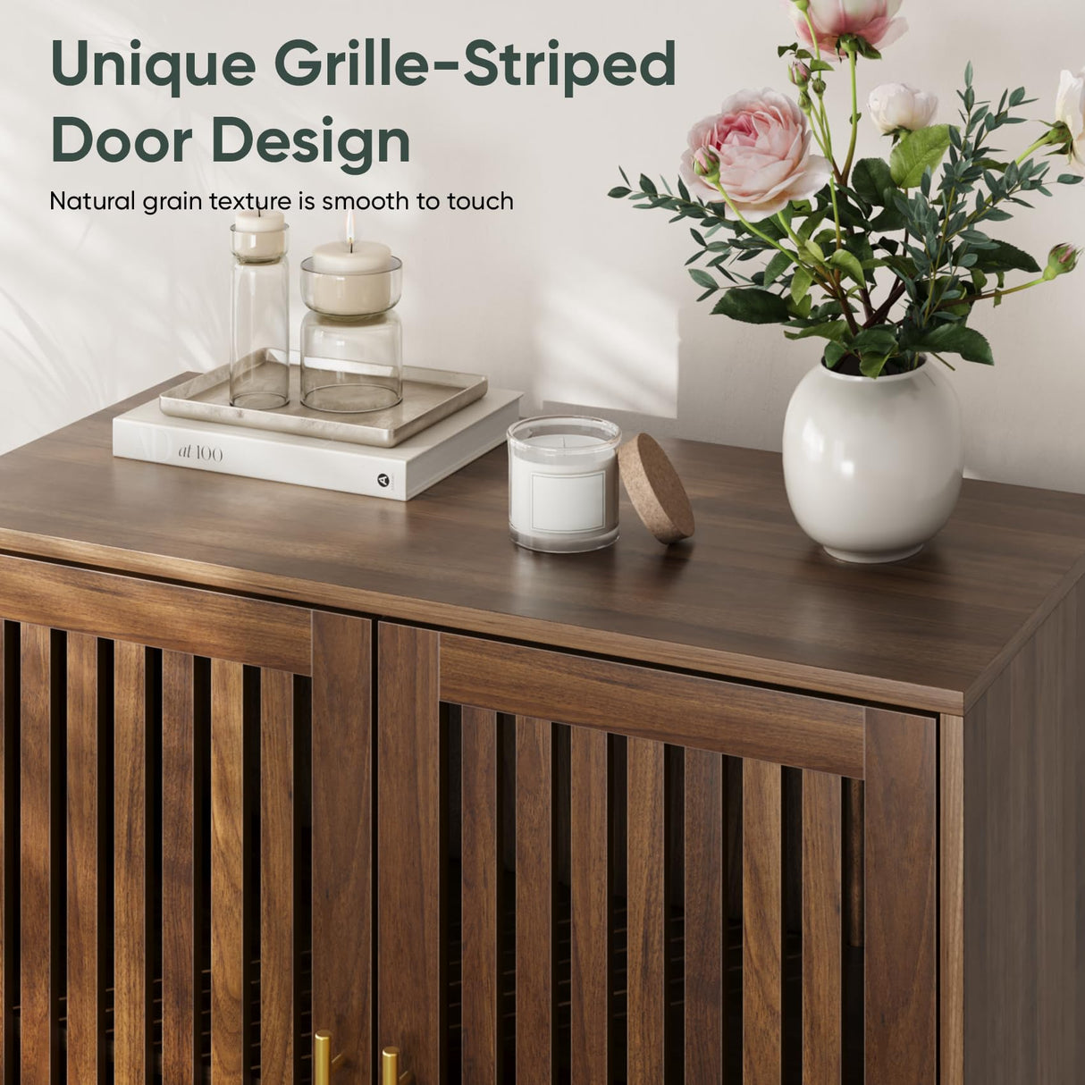 Smart FENDEE Sideboard Cabinet, 31.5" W Farmhouse Buffet Cabinet with Slatted Doors & Adjustable Shelf, Wood Coffee Bar Storage Station for Kitchen, Dining Room, Living Room, Entryway, Walnut Color Smart FENDEE