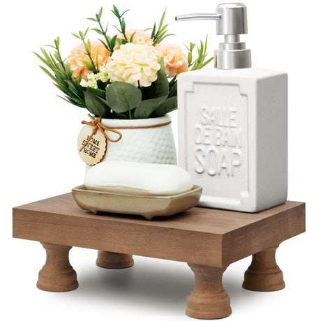 EOSAHR Decorative Wood Riser for Room Decor : Modern Farmhouse Pedestal Stand For Display Your Home Decoration and Soap Stand - Retro Wooden Tray for Bathroom and Kitchen Counter Decor (Rustic Brown) EOSAHR