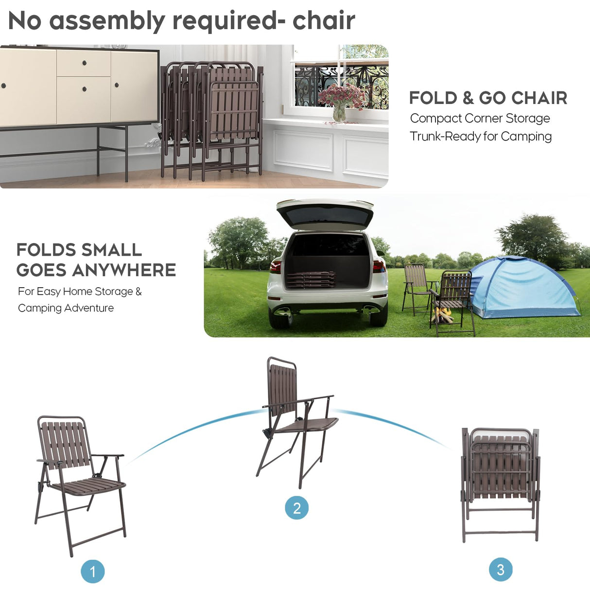 3 Pieces Patio Bistro Set Folding Small Table Chairs Set for 2 Outdoor Bistro Furniture Sets with Glass Coffee Table for Lawn Backyard Balcony Poolside CHINNLUU