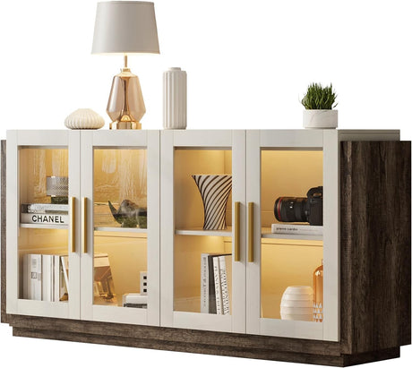 AMERLIFE 64" Farmhouse Sideboard Buffet Cabinet with LED Lights, Mixed Color Modern Accent Console Table Storage Cabinet with Glass Doors & Adjustable Shelves for Dining Living Room, White&Grey AMERLIFE