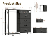 KKL Dresser for Bedroom with Clothes Hanging Rack, Reversible Bedroom Dresser with Shoe Rack & 6 Fabric Drawers, 3-in-1 Storage Chest of Drawers with Led Lights & Charging Station for Closet, Black KKL