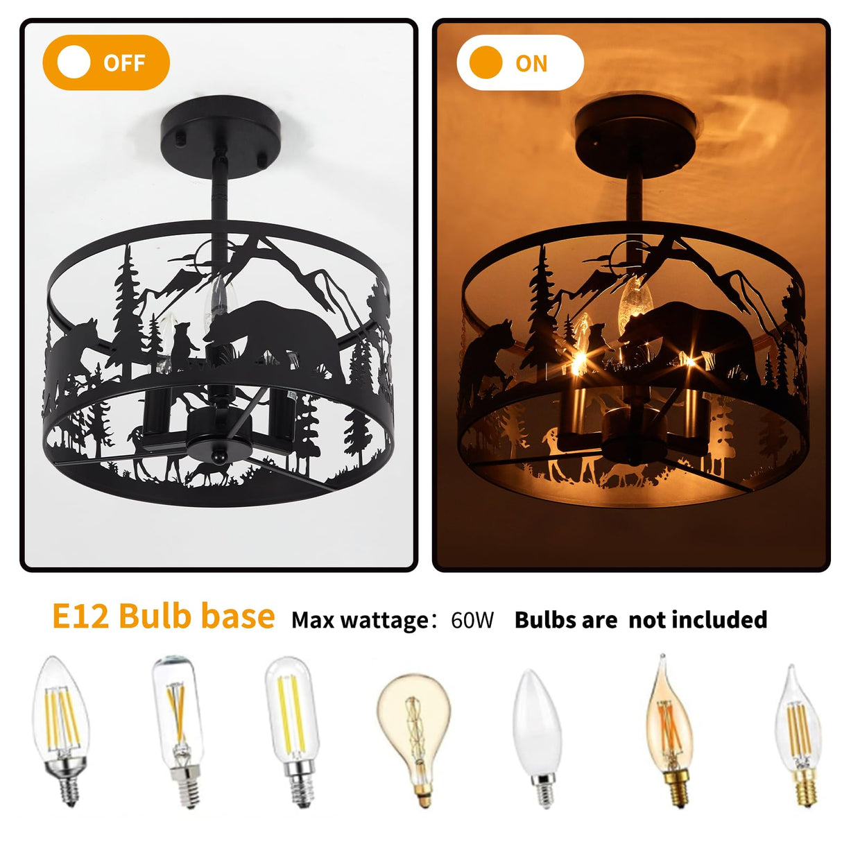 Farmhouse Rustic Slanted Ceiling Light Fixture - 3-Light Round E12 Base Black Metal Fixture with Deer and Bear Design - Perfect for Kitchen, Bedroom, Hallway, and Rustic Style MLGB