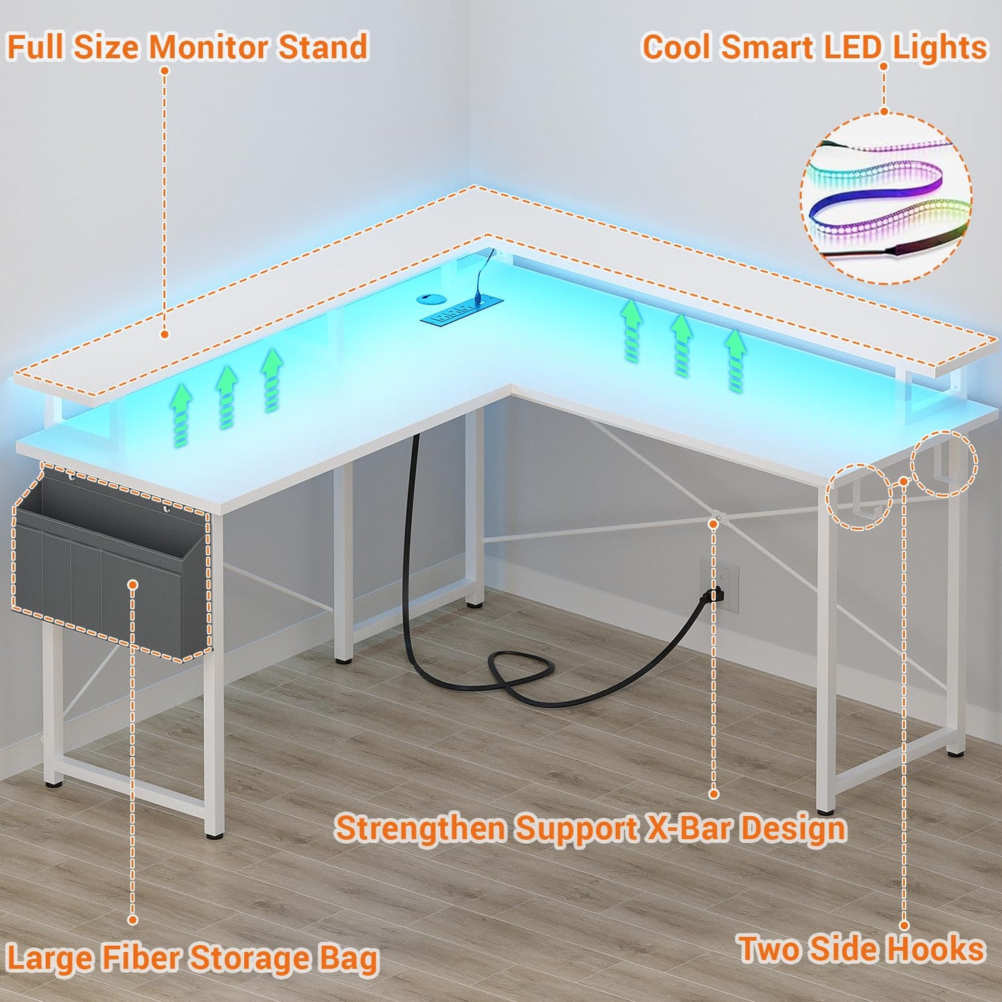 armocity L Shaped Computer Desk with Power Outlets, Gaming Desk L Shaped with LED Lights, Corner Desk with Storage Shelves, Work Study Desk for Bedroom, Home Office Small Spaces, 47'', White - WoodArtSupply