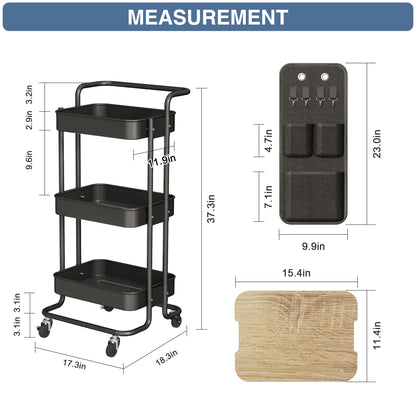 DTK 3 Tier Metal Utility Rolling Cart with Table Top and Side Bags, Tray Storage Organizer Wheels, Art Craft 4 Hooks for Kitchen Bathroom Office Living Room (Black) - WoodArtSupply