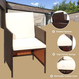 HAPPYGRILL 9-Pieces Patio Dining Set Outdoor Dining Furniture Set with Cushioned Seating, Space-Saving Dining Table with Acacia Wood Tabletop Rattan Wicker Chair and Ottoman Sets for Backyard Garden HAPPYGRILL