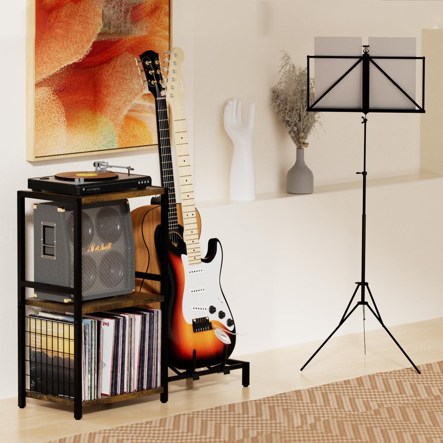 YAKANJ End Table with Guitar Stand,Record Player Stand,Vinyl Records Storage,2-Tier Guitar Stand for Acoustic, Electric Guitar,Bass,Turntable Stand Side Table for Music Room Studio Living Room-Brown