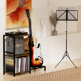 YAKANJ End Table with Guitar Stand,Record Player Stand,Vinyl Records Storage,2-Tier Guitar Stand for Acoustic, Electric Guitar,Bass,Turntable Stand Side Table for Music Room Studio Living Room-Brown YAKANJ
