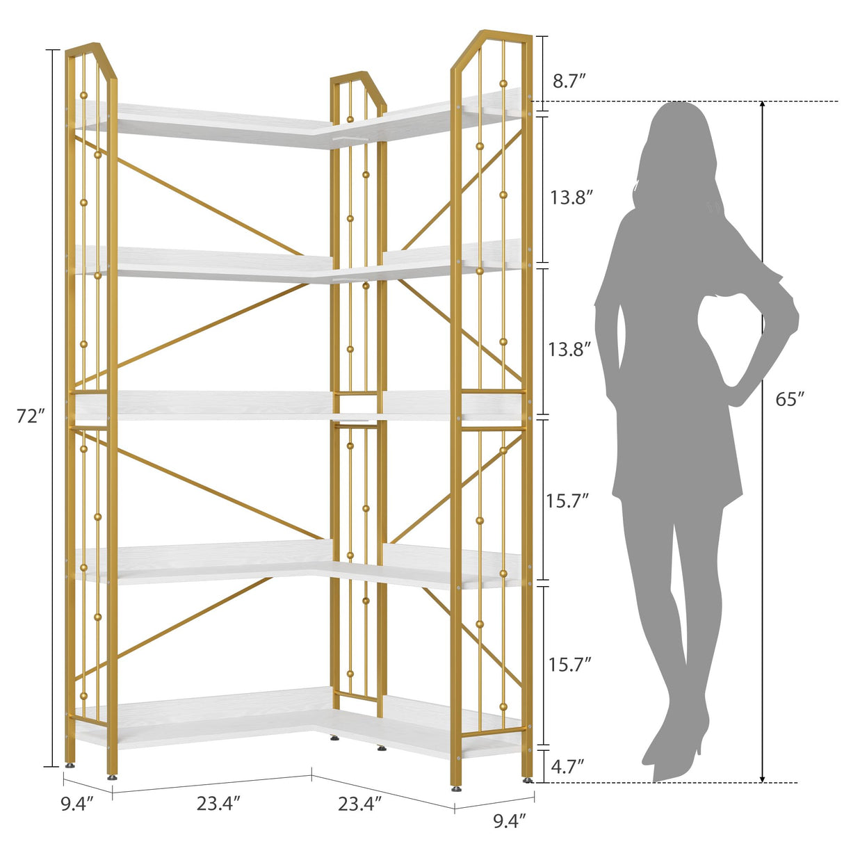 GarveeHome Corner Bookshelf 72" L Shaped Bookcase, Corner Bookshelves Industrial Bookcase 5 Tier L-Shape Bookshelf, Large Bookcases with Beaded Design Tall Display Rack Shelf for Living Room Bedroom GarveeHome