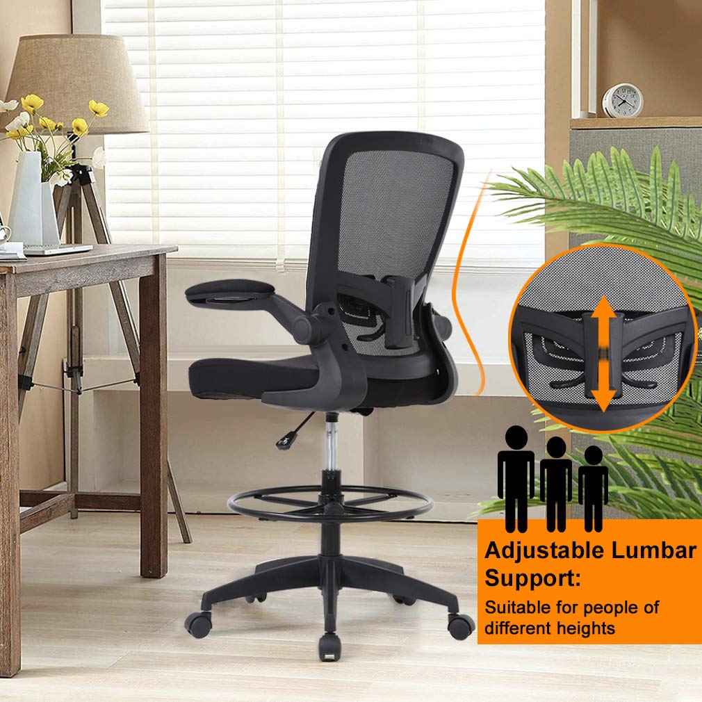 Drafting Chair Tall Office Chair Adjustable Height with Lumbar Support Flip Up Arms Footrest Mid Back Task Mesh Desk Chair Computer Chair Drafting Stool for Standing Desk, Black BestOffice